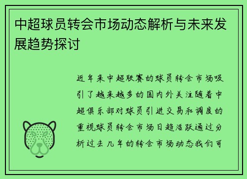 中超球员转会市场动态解析与未来发展趋势探讨