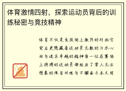 体育激情四射，探索运动员背后的训练秘密与竞技精神